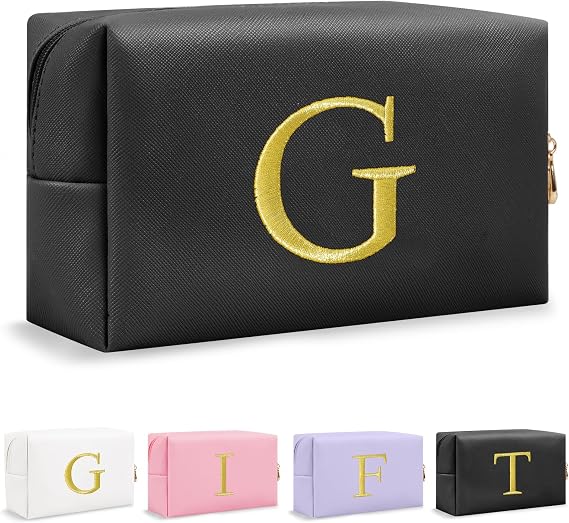 Personalized Gift Initial Makeup Bag,Preppy Gold Embroidered Letter Cosmetic Bag Stocking Stuffers for Teen Girls,Small Travel Toiletry Bag,Custom Christmas Birthday Gift for Women Mom Kids(Black-G)