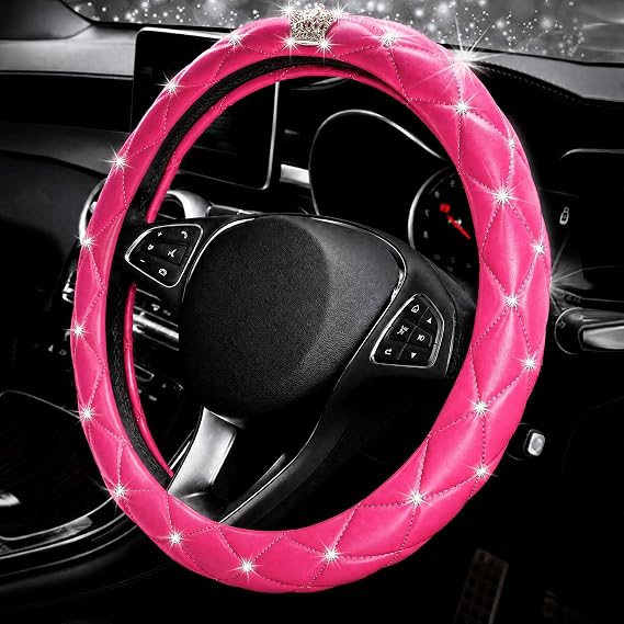 Bling Rhinestone Steering Wheel Cover Women with Crystal Diamond Universal 15in Leather Car Steering Wheel Cover Fit Suvs,Vans,Sedans,Car (2-Pink with Crown)