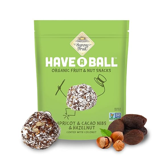 Sunny Fruit 100% RAW Fruit & Nut Snacks, Apricot, Cacao Nibs & Hazelnut, 1-Pack (9 Balls Per Bag) | No Sugar Added | Healthy, Convenient, On-the-Go Energy Balls | ORGANIC, VEGAN, GLUTEN-FREE, KOSHER