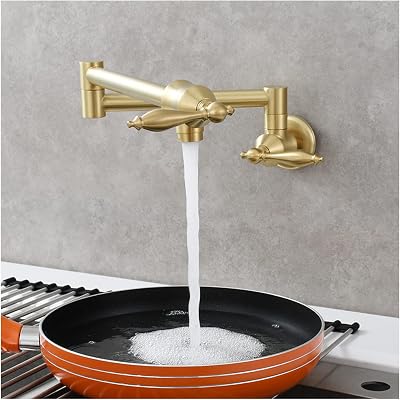 Widespread Pot Filler Faucet,Wall Mounted Commercial Kitchen Sink Brass Sink Pot Filler Folding Faucet,Double Joints Folding Stretchable Swing Arm Faucet with Single Hole & 2 Handles,Brushed Gold