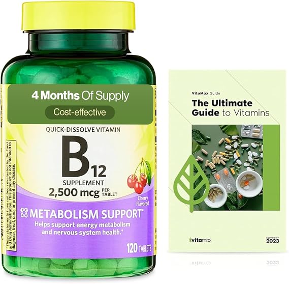 SV - Vitamin B12 Quick-Dissolve Tablets, 2,500 mcg, Cherry Flavor, 120 Count + Exclusive VitaMax Vitamin Guide (2 Items)