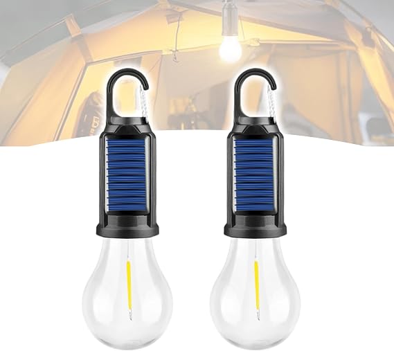Solar Rechargeable Hooked Camping Light,2025 New Vintage Outdoor Tent Ambient Light,Waterproof LED Camping Lantern, Portable Outdoor Emergency Light Bulb for Hiking, Camping, Fishing (2 Spherical)