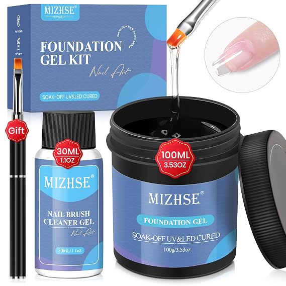 MIZHSE 100ML Base Coat for Gel Nail Polish, Clear Foundation Gel for Nails Kit with Brush Cleaner Soak Off Home DIY Gift Kit for Women