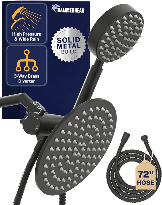 HammerHead Showers Solid Metal Dual Shower Head Combo MATTE BLACK 8 Inch Rainfall High Flow Shower Head & Handheld Shower Head High Pressure with Hose 6ft - Hotel-Like Double Shower Heads