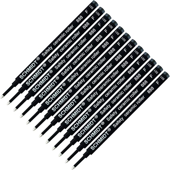 Schmidt 888 Safety Ceramic Rollerball Refill - Black Ink (Fine Tip 0.6mm) - 12 Pack