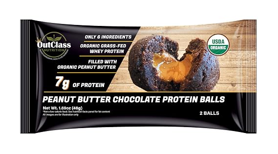 OutClass Nutrition, Peanut Butter Chocolate Protein Balls, USDA Organic, Grass-Fed Whey, 6 Ingredients, 7g of Protein, Gluten-Free, Non-GMO, Low Sodium, Paleo Friendly, Kosher, High Fiber, No Added Sugar, No Junk, Real Food, Snack Bar, 1 Pack