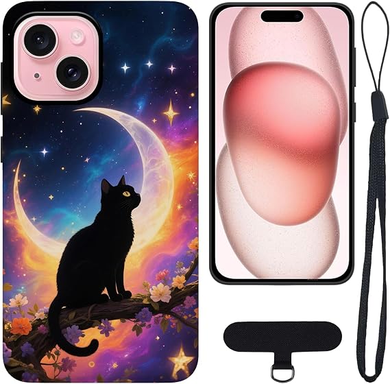 2 in 1 Phone Case for iPhone 15 Cover, Vibrant Colors Protective Case, Two-layer Shockproof, Moonlight Cat