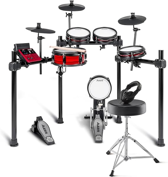 Alesis Electronic Drum Set Dual Zone Silent Mesh Pad Over 500 BFD Sounds Bluetooth Drumeo Lessons USB MIDI Drumsticks Double Kick Compatible Nitro Pro, Alesis Drum Throne and Headphones Included Drum