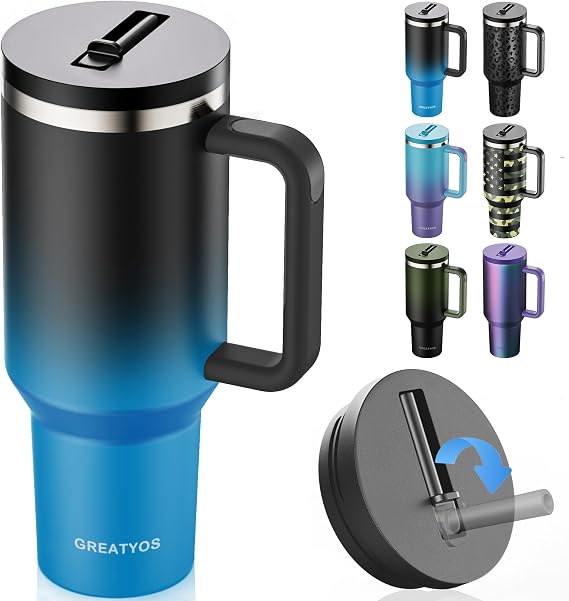 Greatyos 40 oz Tumbler with Handle and Flip Straw Lid - Upgraded Insulated Traveler Tumblers with Lids Straws Vacuum Leak Proof Stainless Steel 40oz Cup Mug Gifts for Men Women Him Her (Dark Navy)