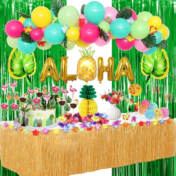 Luau Party Decorations,Hawaiian Beach Birthday Party Decor Supplies ,Hawaiian Themed Party Decorations,Grass Table Skirt Aloha Balloon Pineapple Flamingo Straws Umbrella & Cupcake Topper