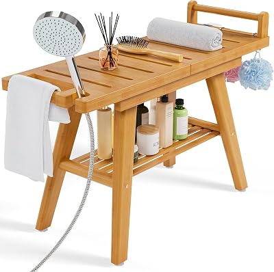 Yirilan 2-Tier Bamboo Shower Bench, Bathroom Shower Chair, Adult Bathroom Bench Seat with Storage Shelf, Soap Dish and Non-Slip Feet for Seniors and People with Mobility Impairments - Bamboo