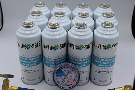 R134a Replacement with Stop Leak, 12 Cans Total with Brass Gauge for AC Recharging