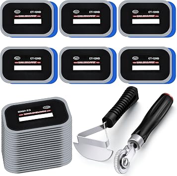 Pushglossy 22 Pieces Tire Repair Patch Tool Kit Including 4.7X 3.2 Inch Square Rubber Tire Patches, Tire Patch Roller and Inner Liner Scraper for Auto Car Truck Motorcycle Bike Tire Repair Tool