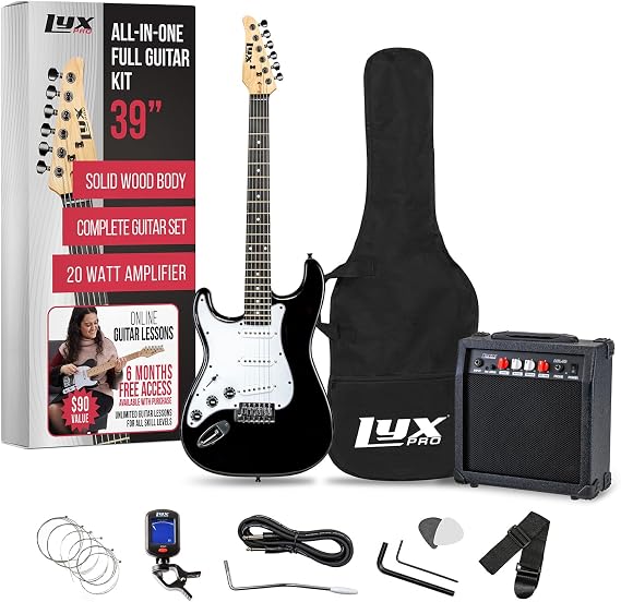 LyxPro Left Hand 39 Inch Electric Guitar and Starter Kit for Lefty Full Size Beginners Guitar, Amp, Six Strings, Two Picks, Shoulder Strap, Digital Clip On Tuner, Cable and Soft Case - Black