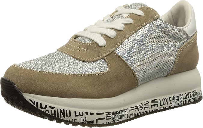 Love Moschino Women's Sneakers Low-Top Shoes Sequins Beige/Silver/White