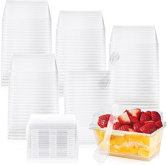 50 Dessert Cups with Lids & Spoons, 160ml Rectangle Dessert Pots | Clear Reusable Individual Cheesecake Pots, Mini Dessert Containers, for Milk Cake, Parfait, Appetizer, Pudding, Mousse, Party