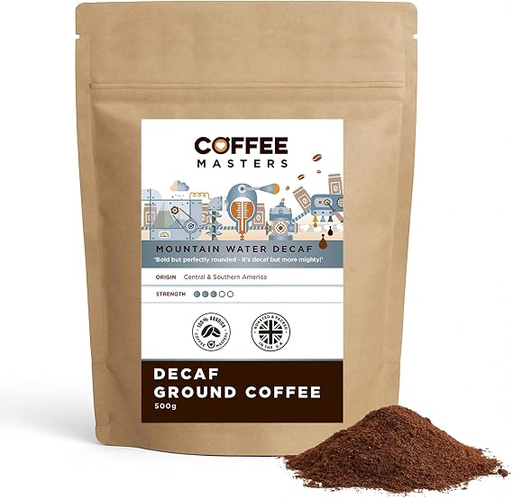 Coffee Masters Mountain Water Decaf Ground Coffee 500g - 100% Arabica Beans - Espresso Suitable for Espresso Machines - Bold and Strong Flavour Decaffeinated Coffee Beans