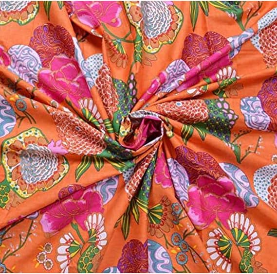 Indian Vintage Floral Print Cotton Fabric Dressmaking Materials Running Fabric by The Yard (Orange, 5 Yard)