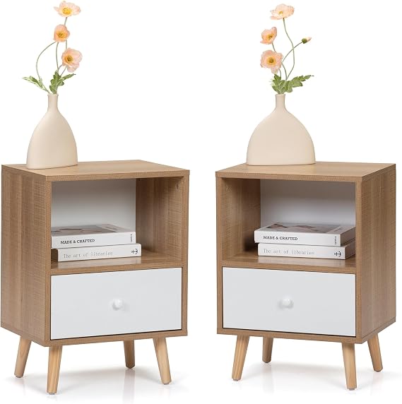 JAXPETY Set of 2 Modern Wood Nightstand, Bedside Table with Drawer, Bedside Furniture, Night Stand, End Table with Open Shelf and Solid Wood Legs for Home Bedroom, Brown