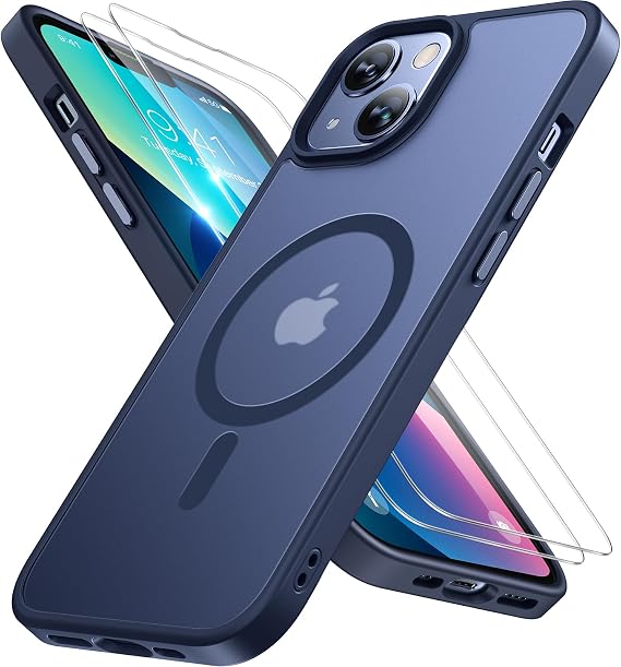 Miracase Magnetic for iPhone 13 Case 6.1 inch (Compatible with MagSafe)(with 2X Screen Protectors) Military-Grade Protection, Anti-Fingerprint Translucent Matte Phone Case Cover, Dark Blue