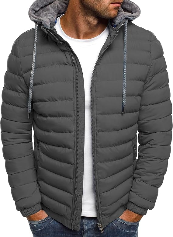 Men's Slim Thermal Puffy Jacket Coat Winter Full Zipper Drawstring Hooded Packable Winter Coat with Hood (Grey,Large)