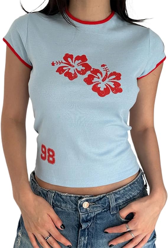 Y2K Baby Tees Women Short Sleeve Aesthetic Graphic Crop Tops 90s Teen Girl Slim Fit Vintage Summer Cropped T-Shirt