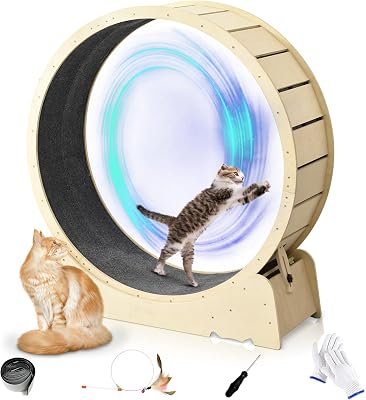 Cat Wheels for Indoor Cats, One Fast Cat Exercise Wheel Indoor, Cat Running Wheel, XLarge Cat Treadmill Wheel for Kitty, Low-Noise, Cat Wheel Exerciser, for Fitness Weight, Natural Wood XL