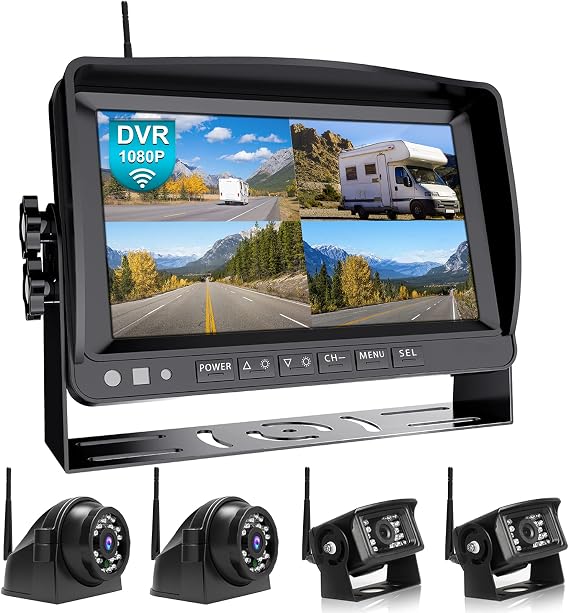 Fookoo HD 1080P 9" Wireless Quad RV Backup Camera System with Recording