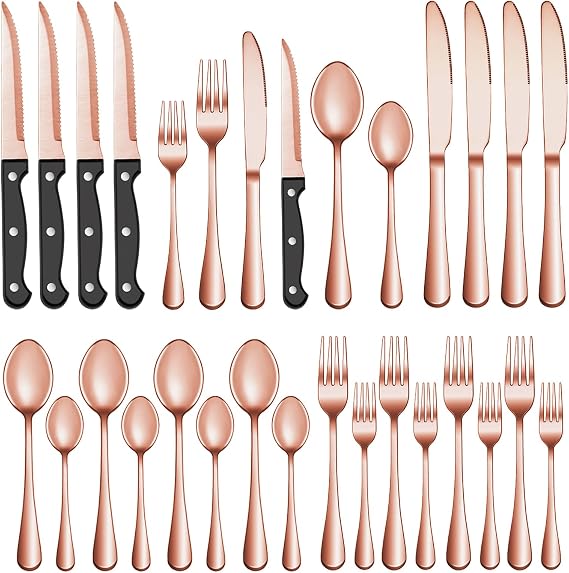 36 Pcs Rose Gold Silverware Set with Steak Knives, Stainless Steel Flatware Cutlery Set for 6, Kitchen Tableware Sets, Utensil Sets for Home and Restaurant, Dishwasher Safe