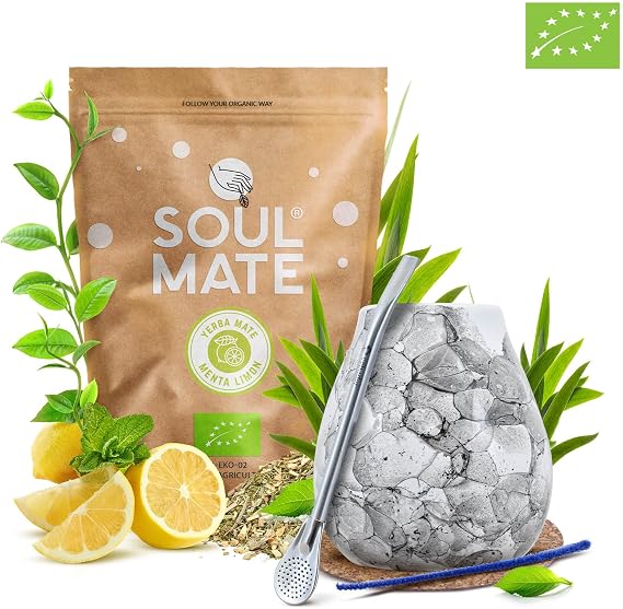 Soul Mate Yerba Mate Accessories Set 500g | Soul Mate Menta Limon 0,5kg | Organic Mate Tea | Brazilian Yerba Mate Herbal Tea | Calabash | Bombilla | Coaster | Natural Energy Drink | Loose Leaf Tea
