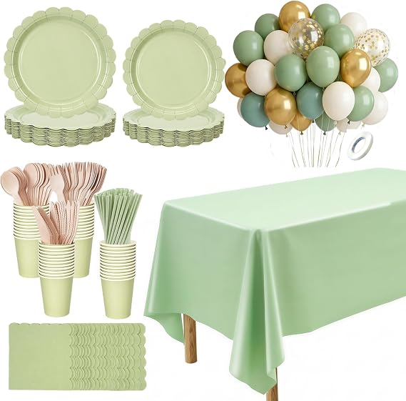 232 Pcs Sage Green Paper Plates and Napkins,Cups,Balloons,Straws,Sage Green Party Supplies Including Tablecloth Plates Cups Napkins Straws for Baby Shower Birthday Wedding Party
