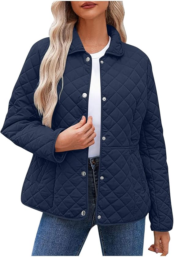Quilted Puffer Jacket for Women Uk - Lightweight Diamond Padded Bomber Coats, Long Sleeve Lapel Button Down Pullover Tops, Open Front Cardigans, Windproof Outerwear, Solid Color, Winter Warm Oversized