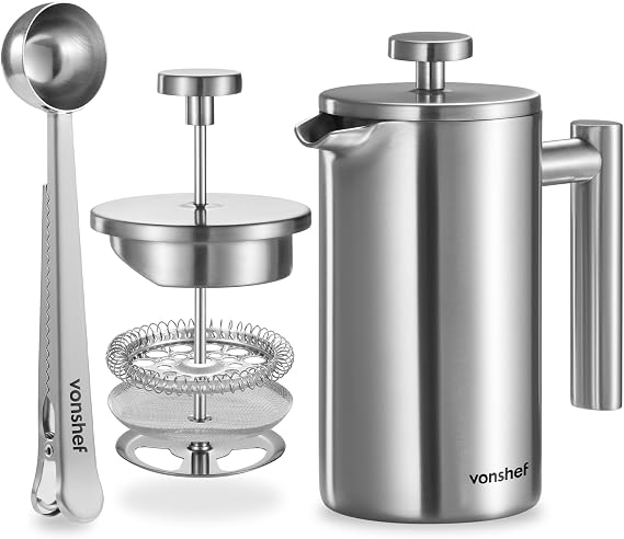 VonShef 3 Cup Cafetiere, Stainless Steel 350ml Double Walled French Press with Measuring Spoon/Bag Seal, Dishwasher Safe Filter Coffee Maker with Plunger