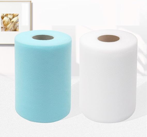 Tulle Fabric Rolls, 2 Pcs, 6 Inch by 100 Yards (300 feet) Fabric Spool Tulle Ribbon for DIY Tutu Bow Baby Shower Birthday Party Wedding Decorations Christmas Craft Supplies (White and Light Blue)