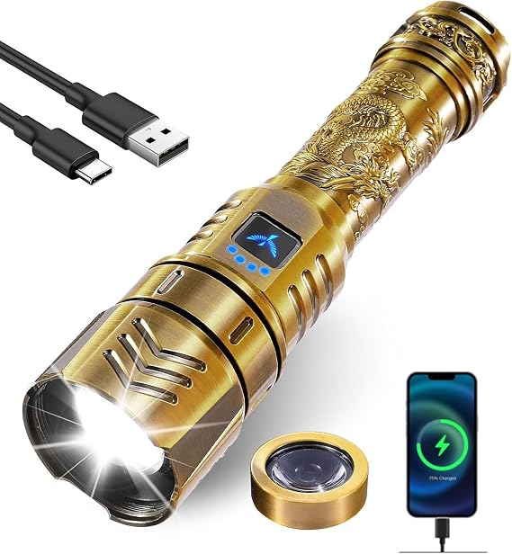 SKYFIRE LED Flashlights High Lumens with Ignition Lens,3000lm Super Bright Rechargeable Flashlight,Zoomable 4 Modes Waterproof Tactical Flash Light for Camping Essentials Outdoor and Home Gift