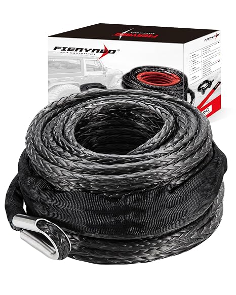 FieryRed Synthetic Winch Rope 3/8 Inch 85 FT 26500 lbs Winch Line Cable Rope with Protective Sleeve for 4WD Off Road Vehicle SUV