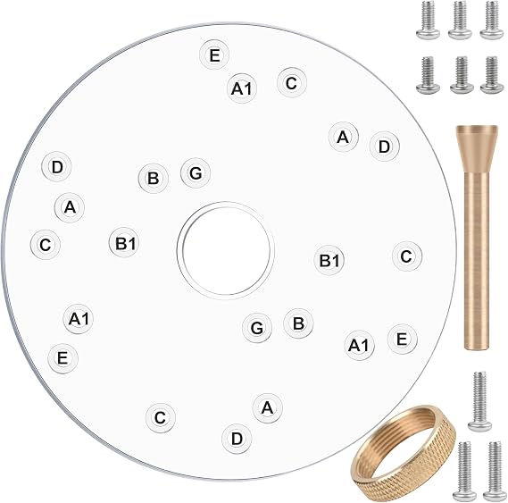 6-1/2" Router Base Plate, Clear Acrylic, Letter-Marked Holes, w/BrassCentering Pin &Brass Nut, Screws for Trim Routers (6-1/2" Circle)