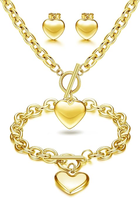 Heart Pendant Necklace Toggle Chain Heart Bracelet Heart Stud Earrings | 3Sets Stainless Steel Charm Love Heart Jewelry Set for Women for Halloween