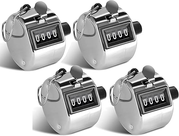 YANGWEN 4 Hand Tally Counters, 4 Digit Mechanical Palm Clicker Counter Stainless Steel Hand Held Mechanical Clicker with Finger Ring Sliver