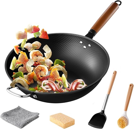 Tatiyana Wok pan 13 Inch carbon steel woks & stir-fry pans nonstick,Pre-seasoned Chinese Wok Including Silicone Spatula and Cleaning Tools Compatible with All Cooktops