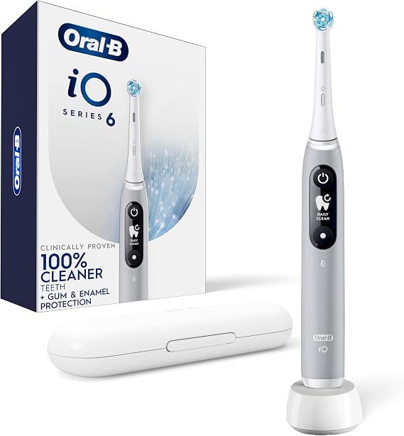 Oral-B Rechargeable Electric Toothbrush, iO6 Connected Coach, 5 Cleaning Modes, Visual Pressure Sensor to Protect Gums, Interactive Display, Travel Case, Gray Opal