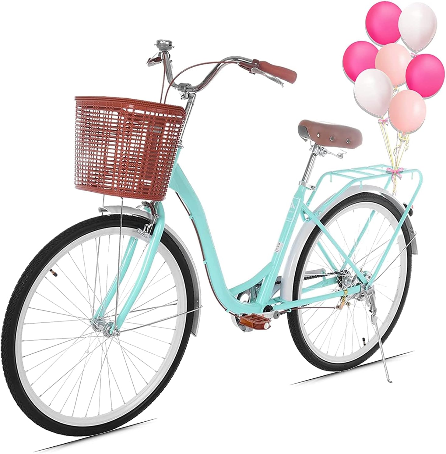 Beach Cruiser Bikes 26 inch Classic Retro Bicycles for Women Comfortable Commuter Bike for Leisure Picnics&Shopping,Road Bike,Women's Seaside Travel Bicycle with Baskets&Rear Racks