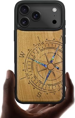 Carveit Magnetic Case for iPhone 17 Pro Max Case, Wood Artisan Engraved & Handmade Shell Inlaid, TPU Shockproof Cover, Compatible with MagSafe Wireless Chargers The Incomplete Compass-Cherry