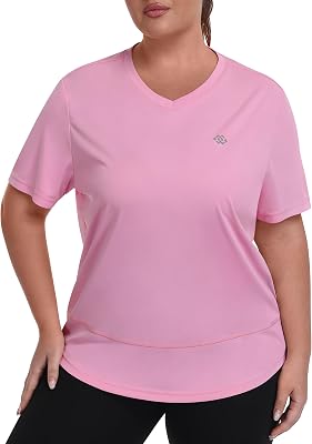 MoFiz Womens Plus Size Workout Tops Short Sleeve V Neck Running Shirts UPF 50 Hiking T-Shirts Quick Dry Athletic Top