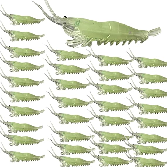 30Pcs Simulation Fishing Soft Plastic Lures Bait Kit, Lumionous Shrimp Lures Set, Universal Size 3.2in, 1/8oz, Bass Fishing Tackle