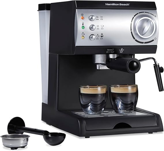 Hamilton Beach 15 Bar Espresso Machine, Cappuccino, Mocha, Latte Maker, with Milk Frother, Make 2 Cups Simultaneously, Works with Pods or Ground Coffee, 50 oz. Water Reservoir, Black