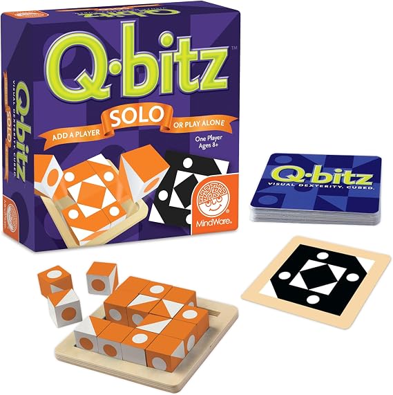 MindWare Q-bitz Solo Visual Puzzle Game | Logic challenges that level up as you solve. Includes 20 new Q-bitz cards and 16 challenge cubes. Ages 8+.