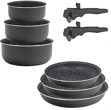 Bergner Set of 8 Click & Cook: 3 Pans 20/22/26 + 3 Pots/Saucepans 16/18/20 with 2 Click&Cook Handles, Pressed Aluminium