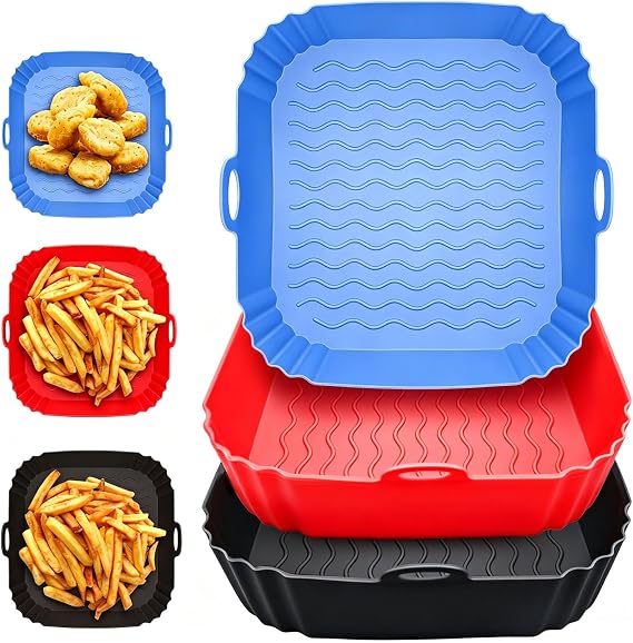 2 Pack Air Fryer Liners,8 Inch Silicone Airfryer Liners,Air Fryer Accessories,Reusable Baking Tray Oven Accessories,Replacement of Flammable Parchment Paper (Red Blue) (Black&Red&Blue)