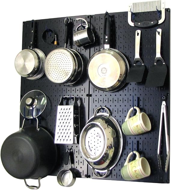 Wall Control Kitchen Pegboard Organizer Pots and Pans Pegboard Pack Storage and Organization Kit with Black Wall Board and Blue Accessories